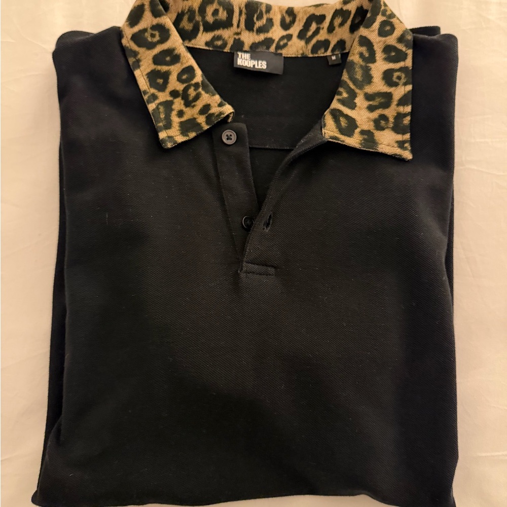 The Kooples Black Polo with Leopard Print Collar